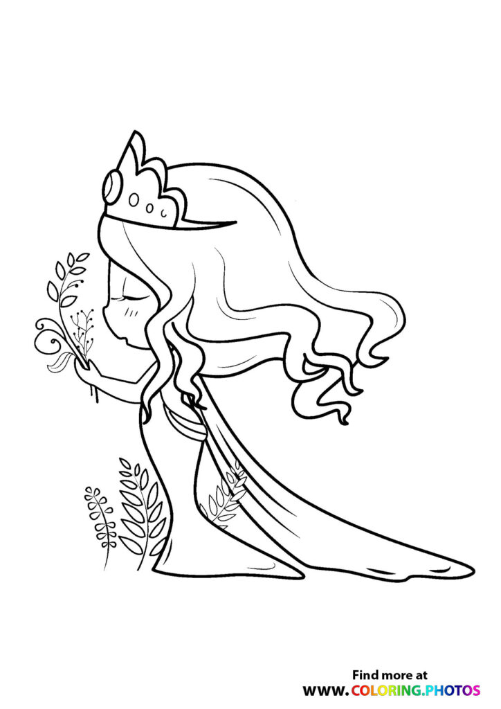 Fantasy princess wearing tiara and long flowing gown holding botanical sprigs, coloring page
