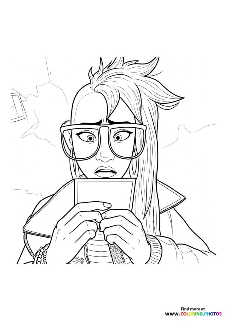 Girl with oversized glasses and spiky hair holding a device, from Forgotten Island coloring page