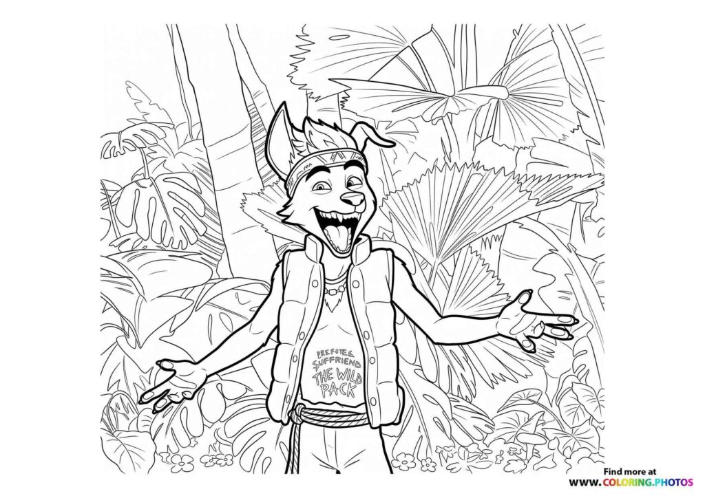 Demon character with horns in jungle surrounded by palm leaves and tropical plants coloring page from Forgotten Island