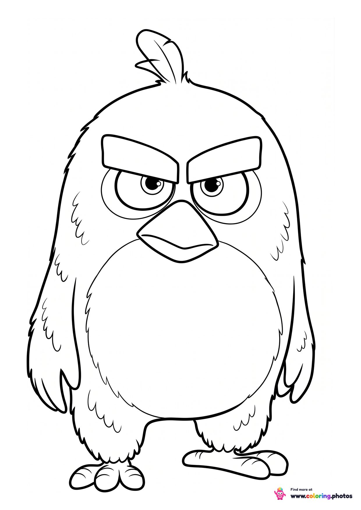 Red coloring page from Angry Birds standing with his eyebrows lowered