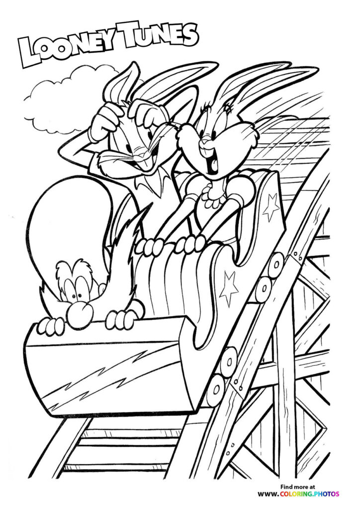 Bugs Bunny riding a roller coaster with a carrot, a small character below him coloring page from Looney Tunes
