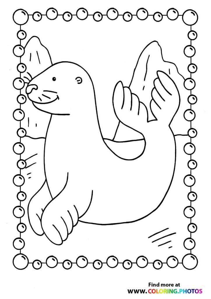Happy seal pup with raised flippers and pearl border coloring page