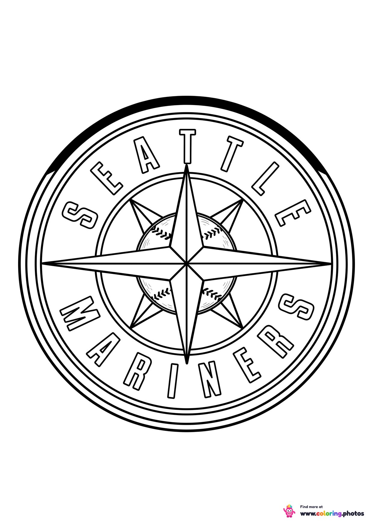 Seattle Mariners logo coloring page with the team crest in black and white outline