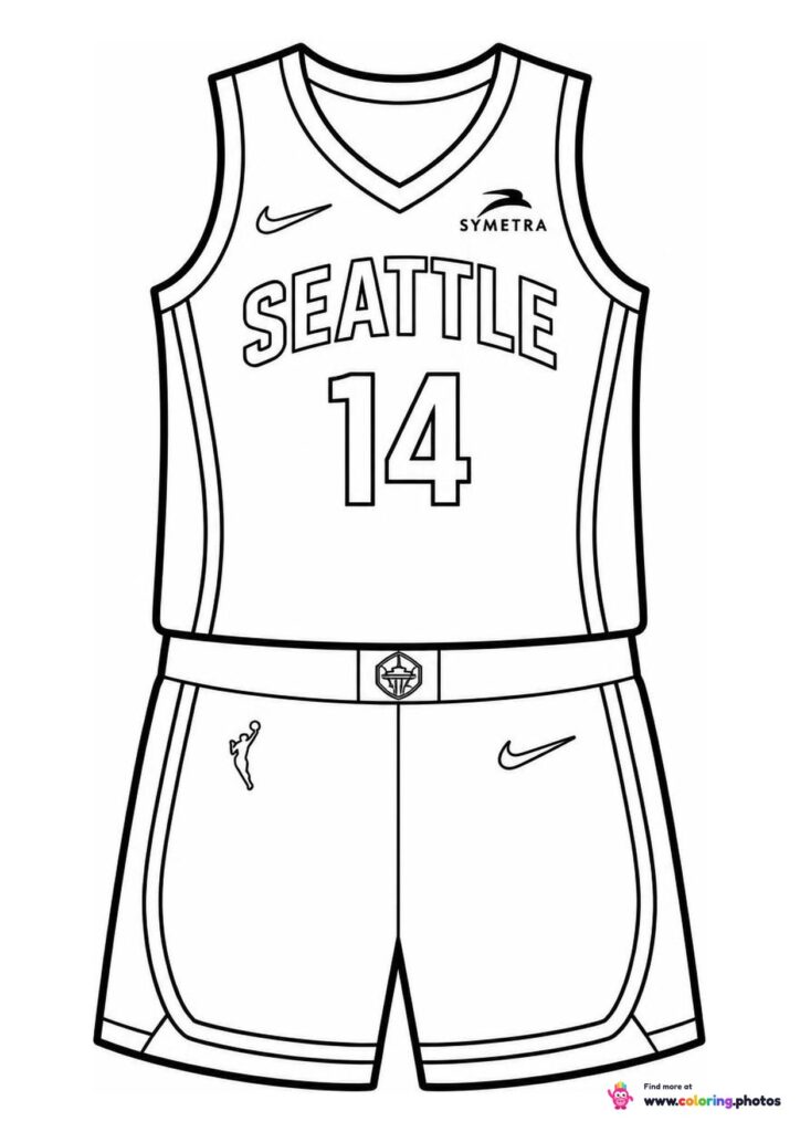 Seattle Storm basketball jersey coloring page showing the top and shorts with number 14
