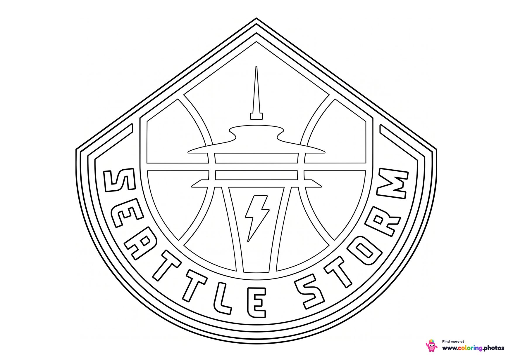 Seattle Storm logo coloring page with the team crest in black and white outline