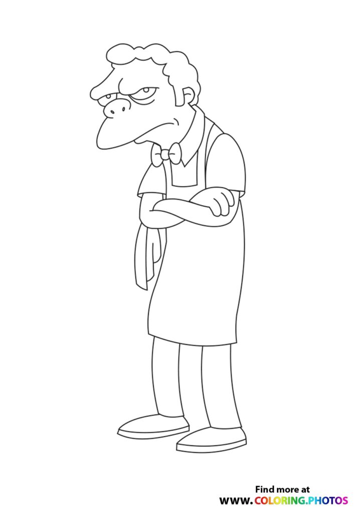Moe Szyslak from The Simpsons wearing bartender apron and bow tie coloring page