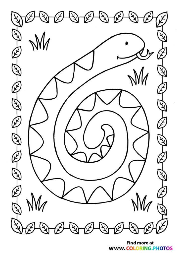 Coiled snake with scale details and decorative leaf border coloring page