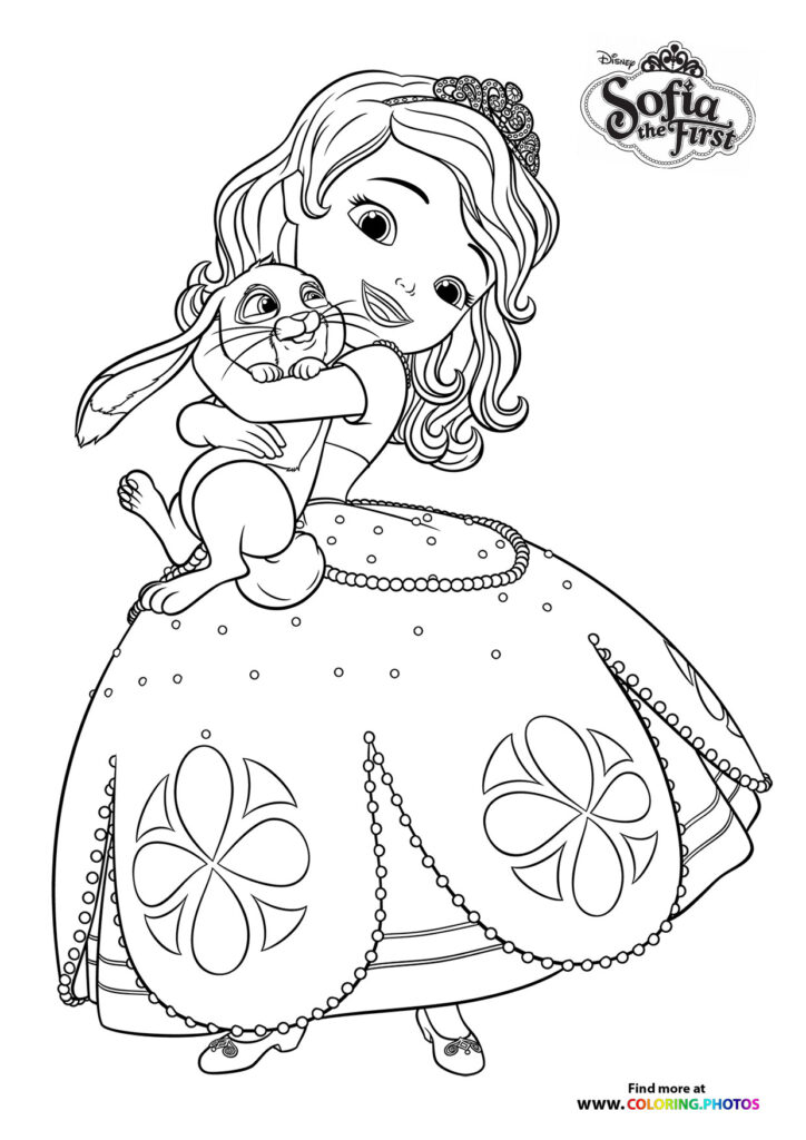 Sofia the First holding her rabbit companion, wearing a decorated ball gown with flower patterns, coloring page