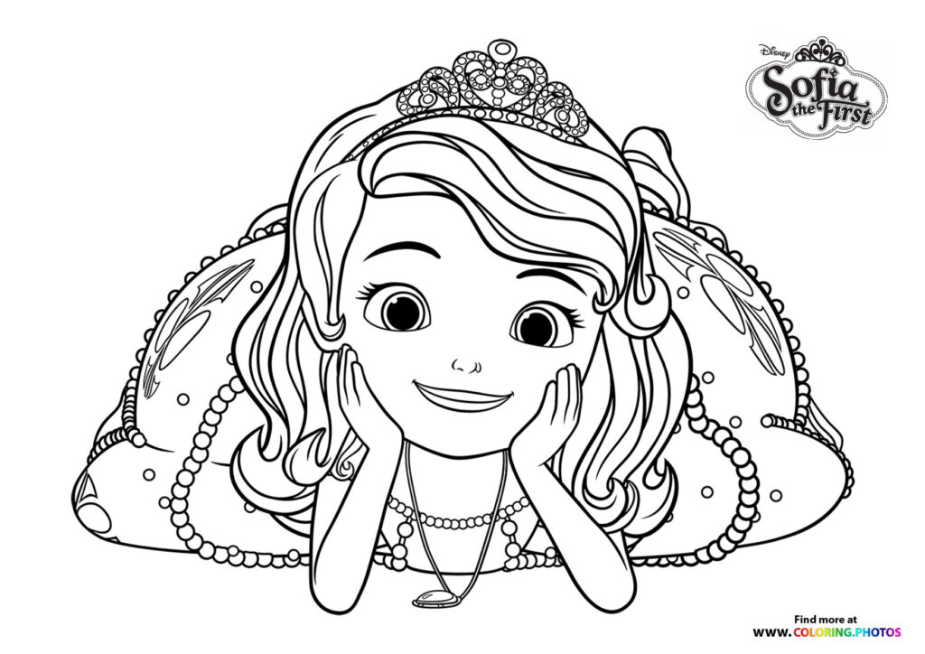 Sofia from Sofia the First wearing tiara, pearl necklaces, and princess gown, smiling with hands near face coloring page