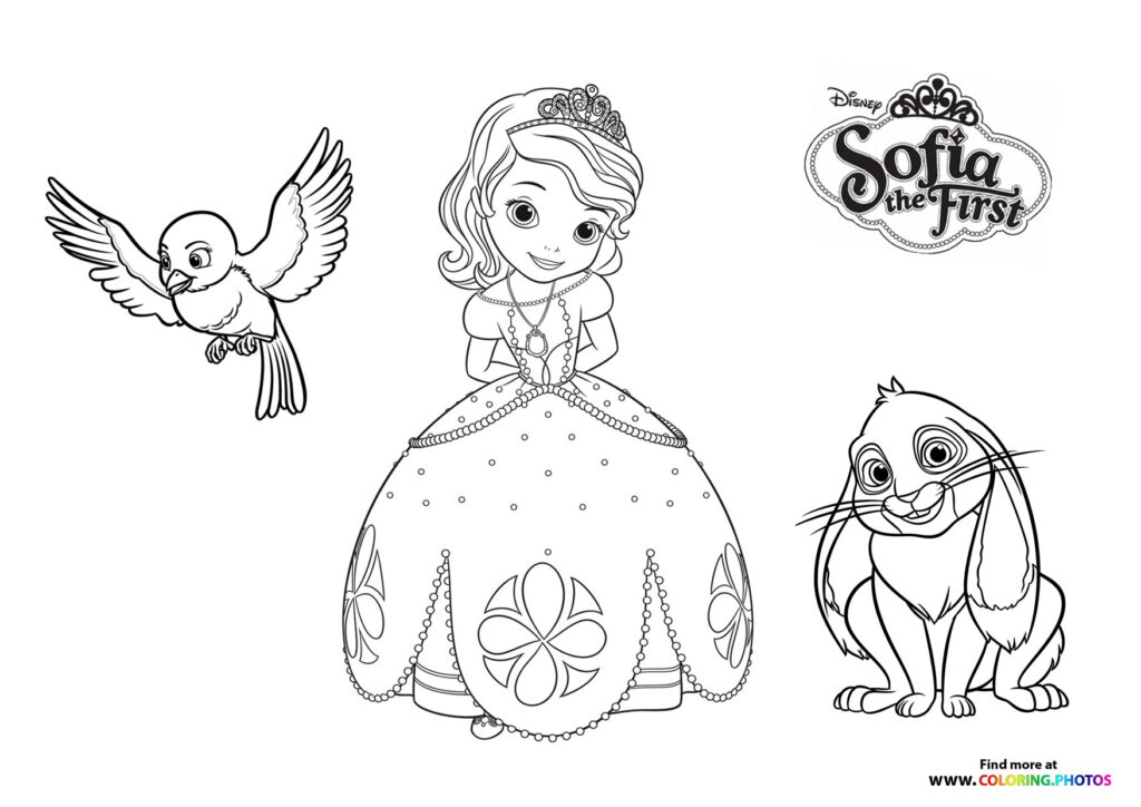 Sofia the First in ball gown with tiara, surrounded by a bluebird and rabbit, coloring page