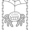 Smiling spider with eight hairy legs hanging from geometric web surrounded by leaf border coloring page