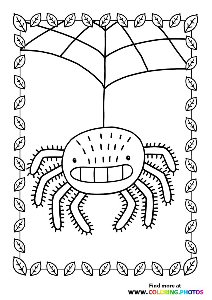 Smiling spider with eight hairy legs hanging from geometric web surrounded by leaf border coloring page