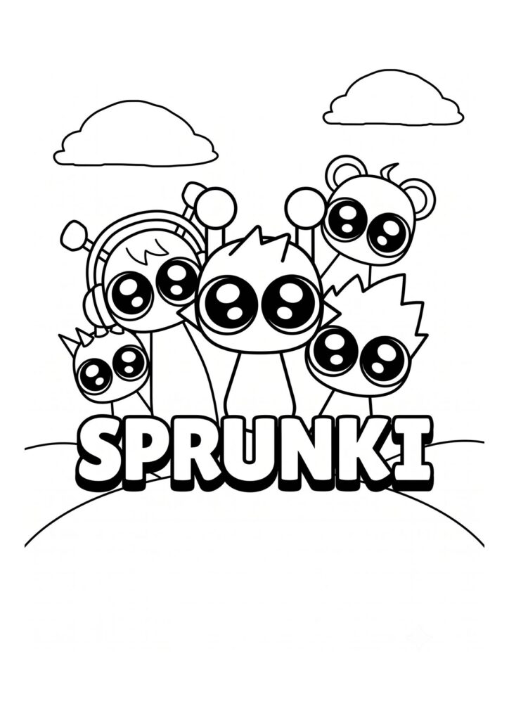 Sprunki coloring page with five characters gathered behind the bubble letter Sprunki logo on a grassy hill