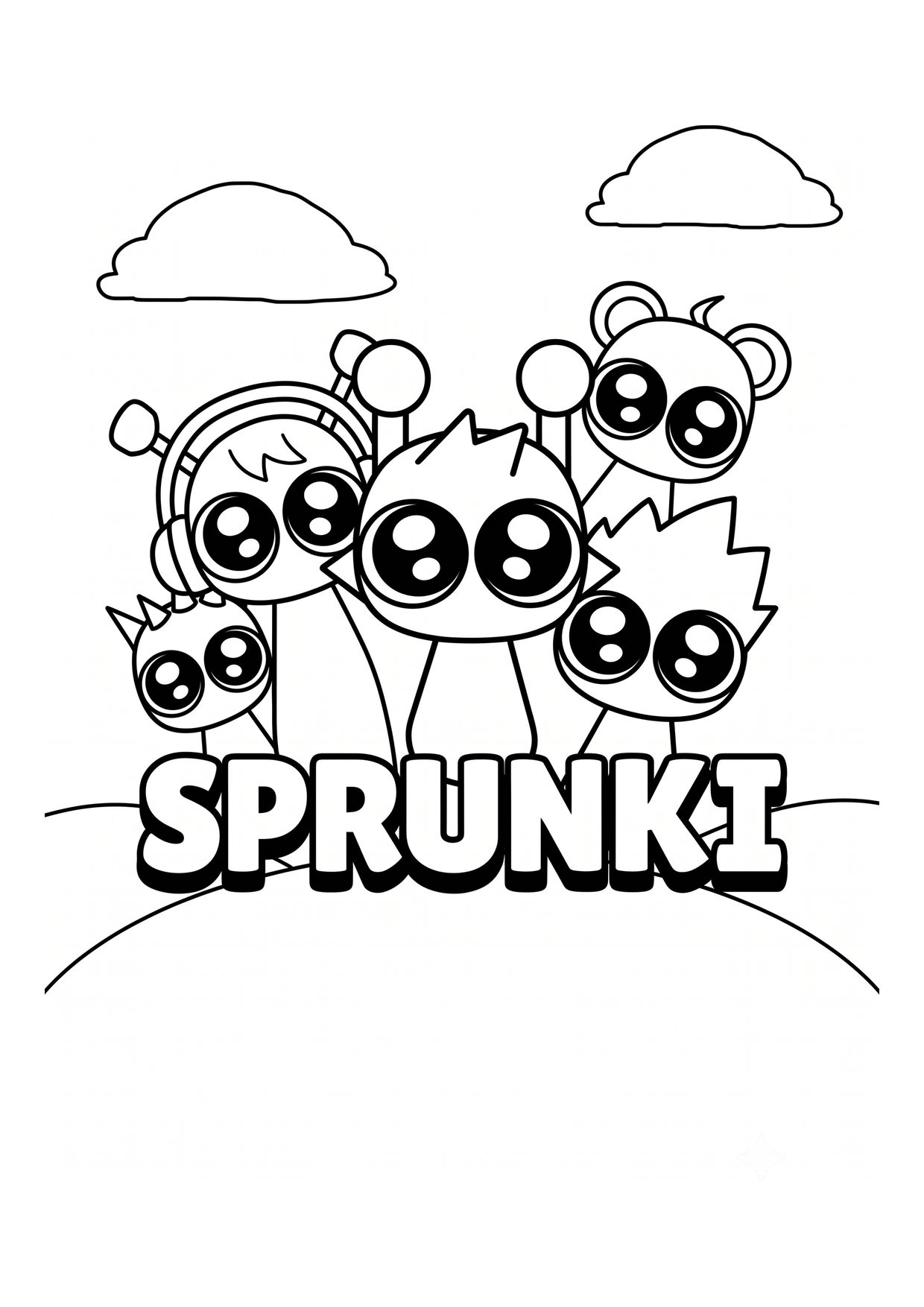 Sprunki coloring page with five characters gathered behind the bubble letter Sprunki logo on a grassy hill