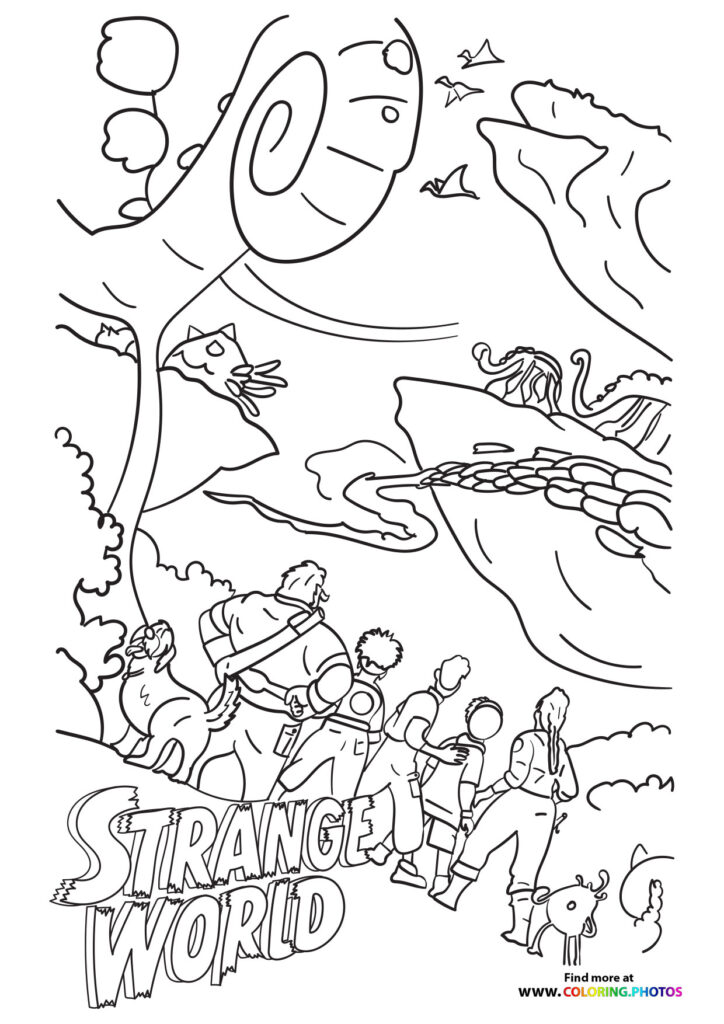 The Clade family exploring an alien landscape with giant creatures and strange plants in Strange World coloring page