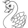 Royal swan wearing a crown with jewels, detailed feathers and curved neck coloring page