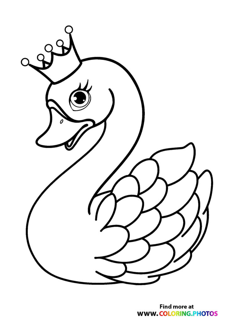 Royal swan wearing a crown with jewels, detailed feathers and curved neck coloring page