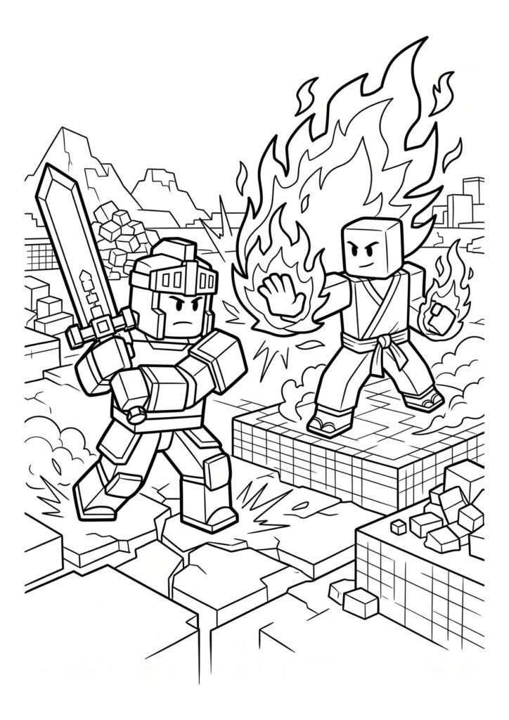 Blox Fruits coloring page with two blocky fighters battling using a sword and fire powers