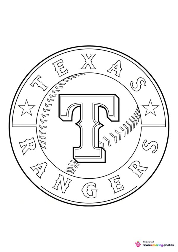 Texas Rangers logo coloring page with the team crest in black and white outline