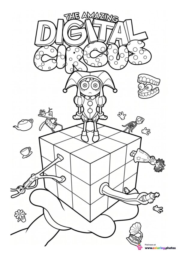 Pomni standing on a Rubik's cube coloring page from The Amazing Digital Circus