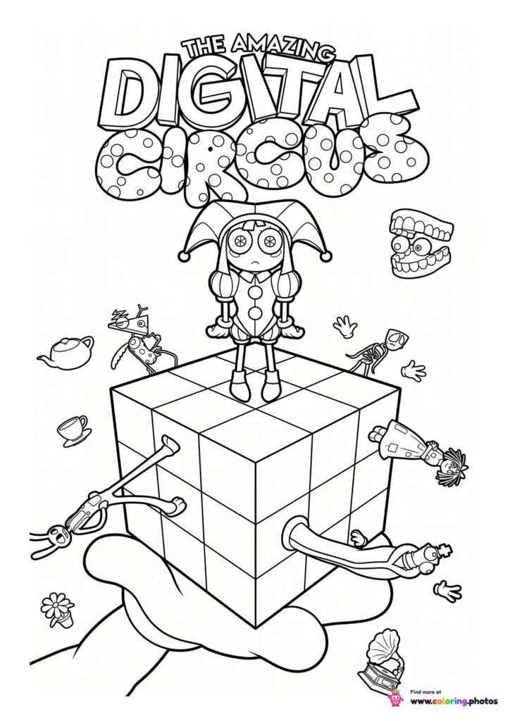 Pomni standing on a Rubik's cube coloring page from The Amazing Digital Circus