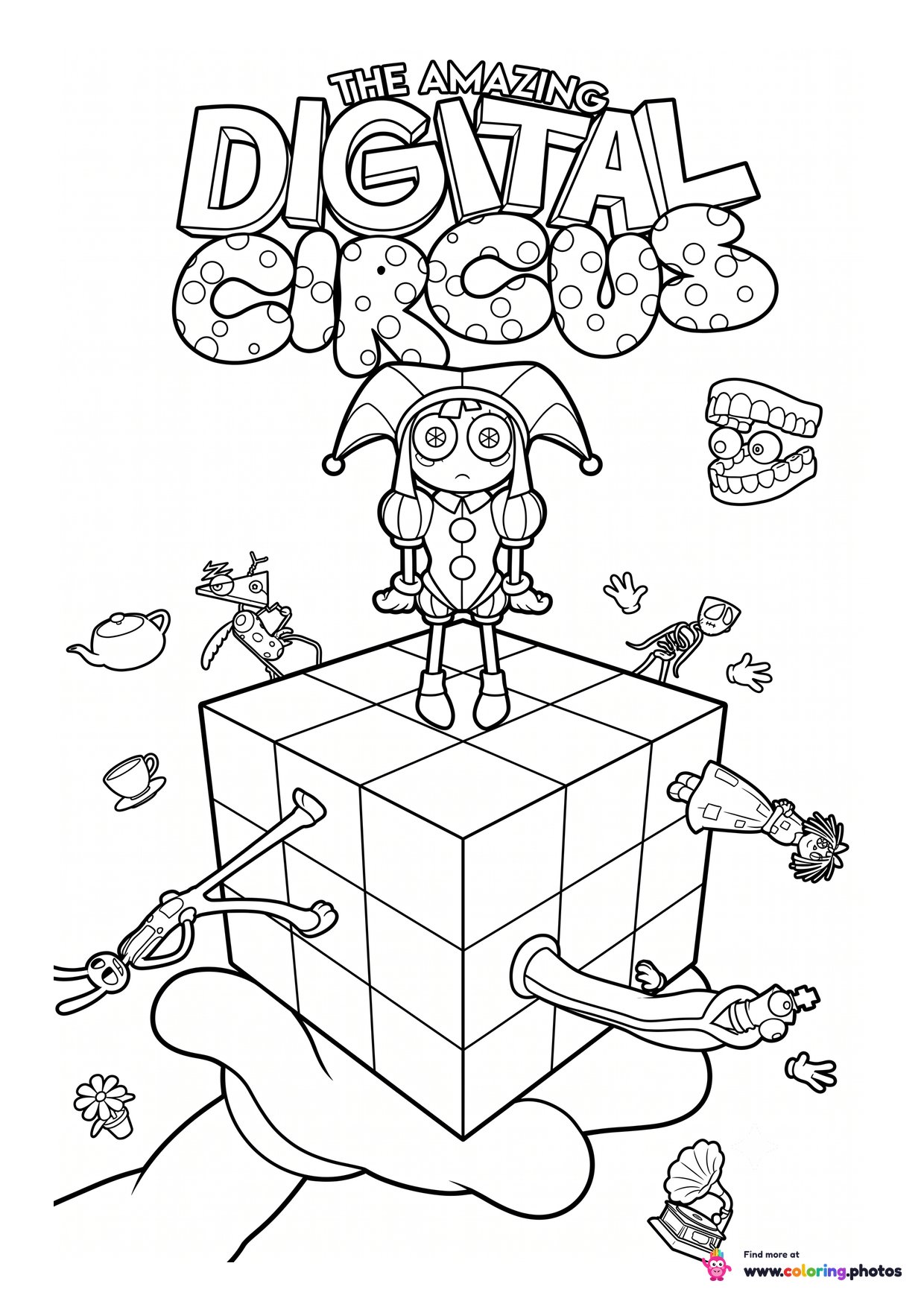 Pomni standing on a Rubik's cube coloring page from The Amazing Digital Circus