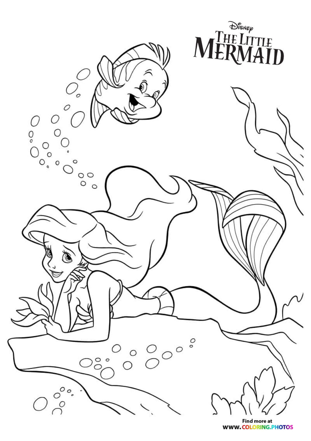 Ariel and Flounder swimming   Coloring Pages for kids