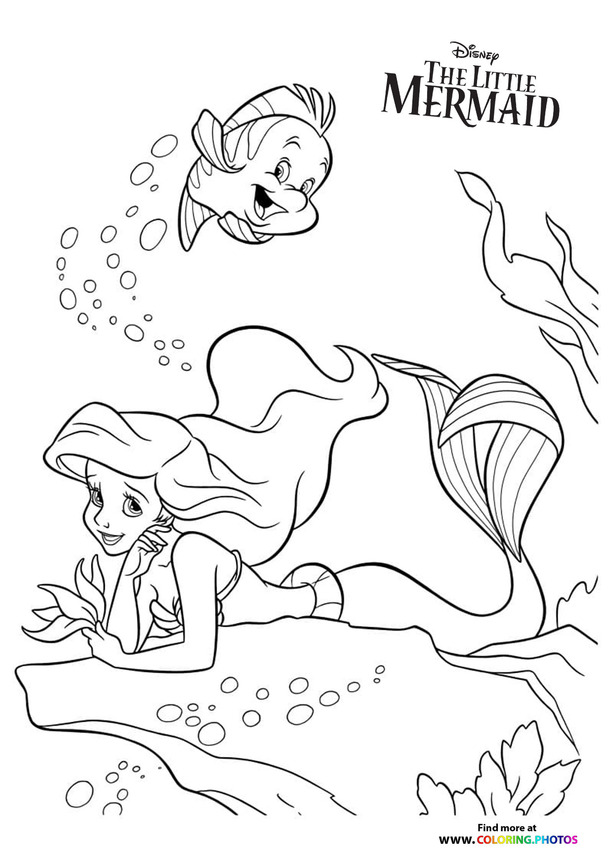 Ariel and Flounder swimming - Coloring Pages for kids
