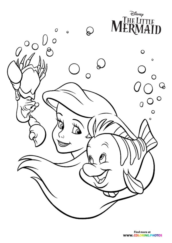 Ariel, Sebastian and Flounder playing coloring page
