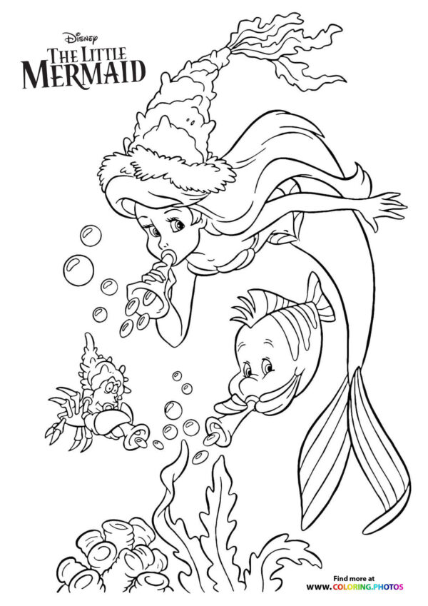 Ariel, Sebastian and Flounder playing with bubbles coloring page