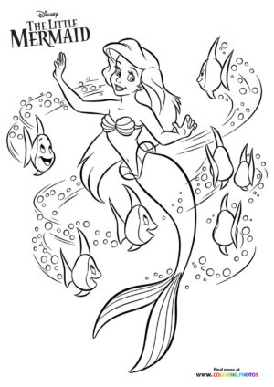 Ariel playing with fish coloring page