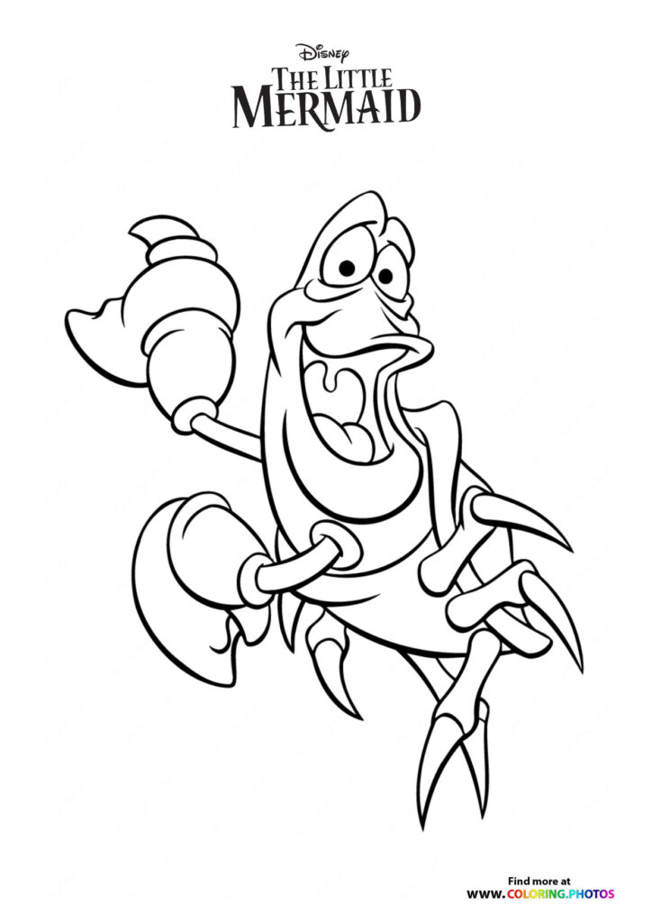 Sebastian the crab with raised claws and cheerful expression coloring page from The Little Mermaid