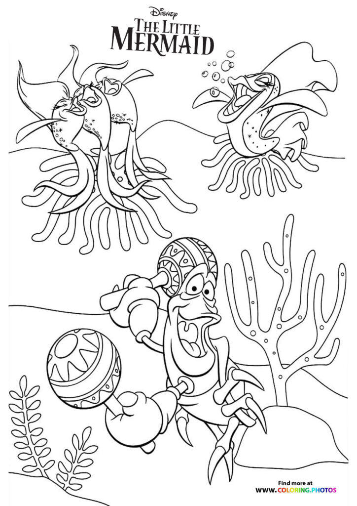 Ursula with tentacles, eels, and a crab holding a pearl surrounded by seaweed coloring page from The Little Mermaid