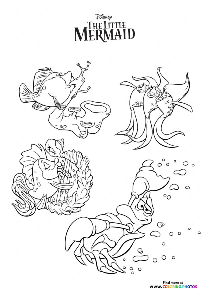Flounder, Ursula, coral castle, and Sebastian the crab from The Little Mermaid coloring page