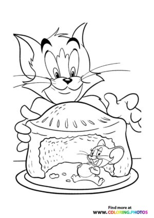 Tom and Jerry eating cake coloring page