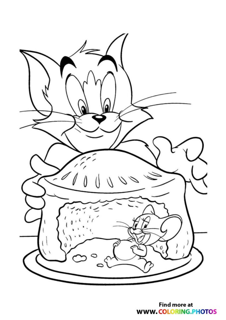Tom and Jerry eating cake - Coloring Pages for kids