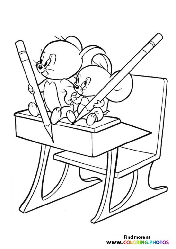 Tom and Jerry painting together at an easel with brushes and canvas coloring page