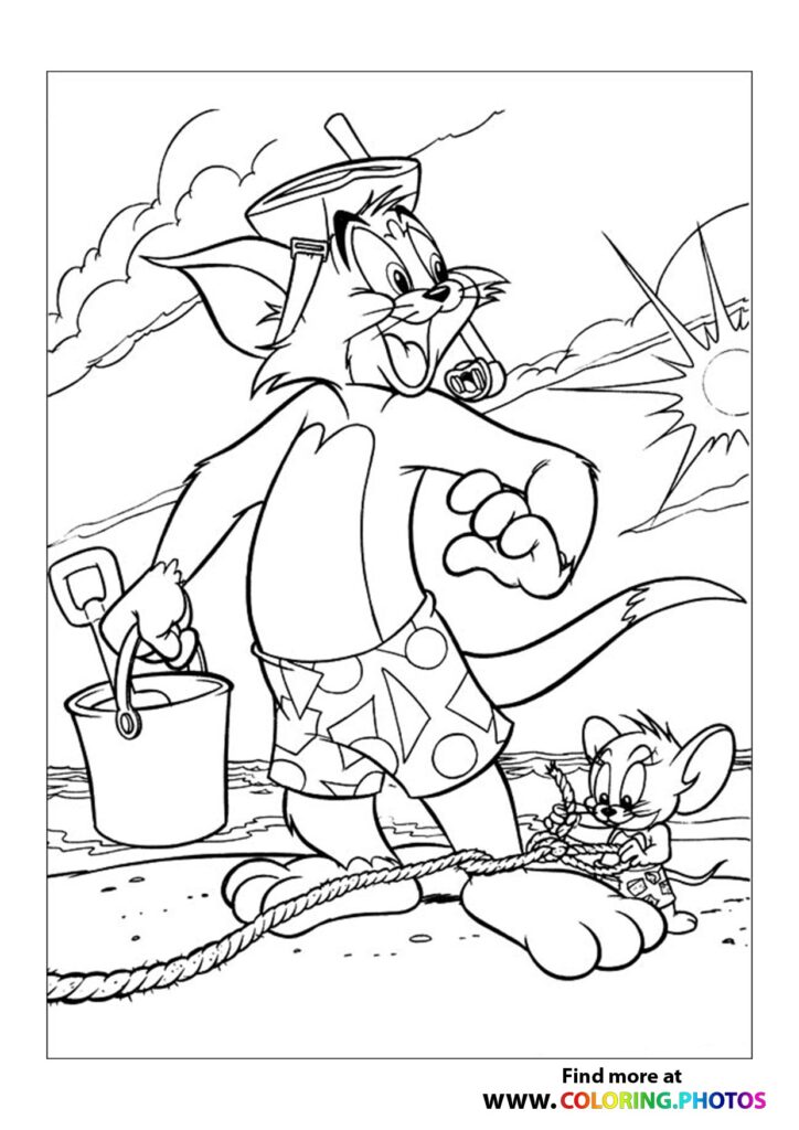 Tom dressed as sailor with fishing rod and captain's hat, Jerry nearby with rope on beach coloring page from Tom and Jerry