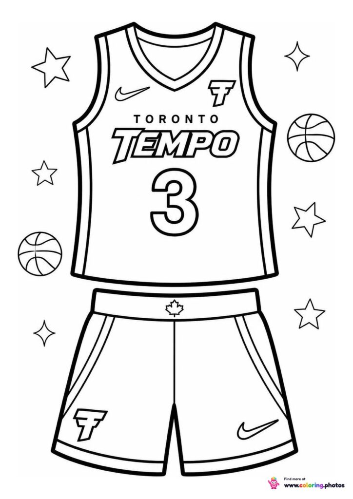 Toronto Tempo basketball jersey coloring page showing the top and shorts with number 3