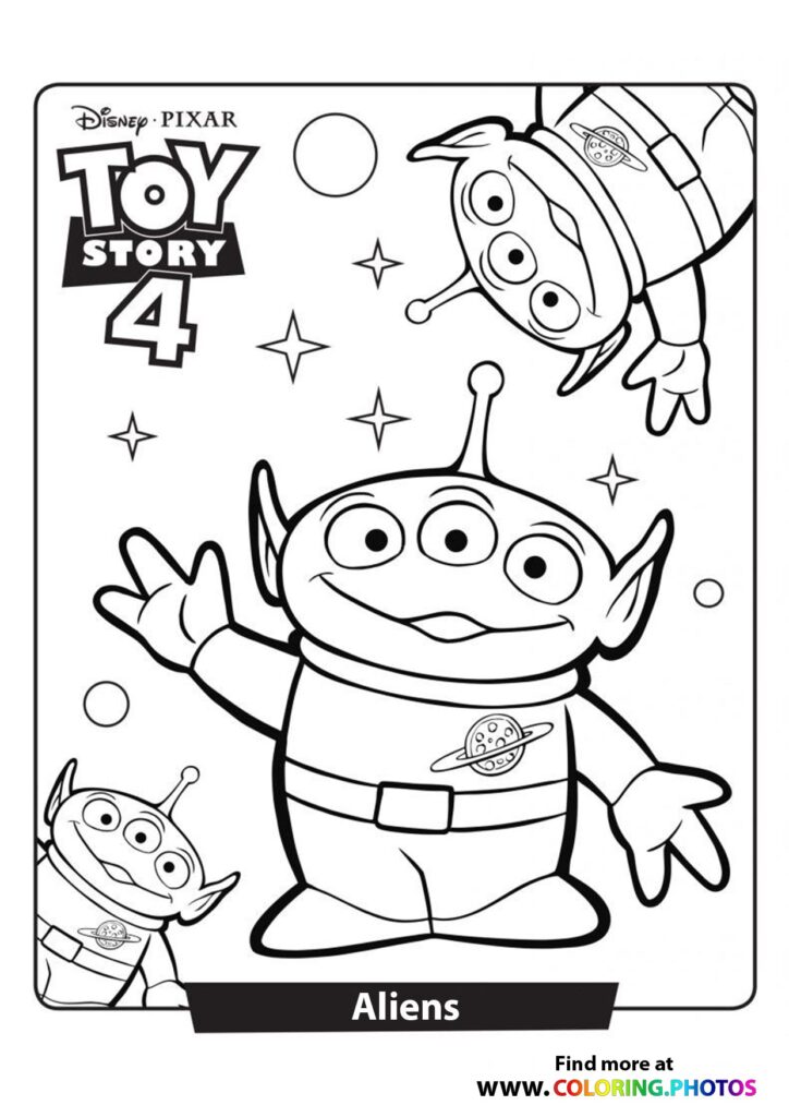 Three-eyed aliens from Toy Story floating in space with sparkles coloring page