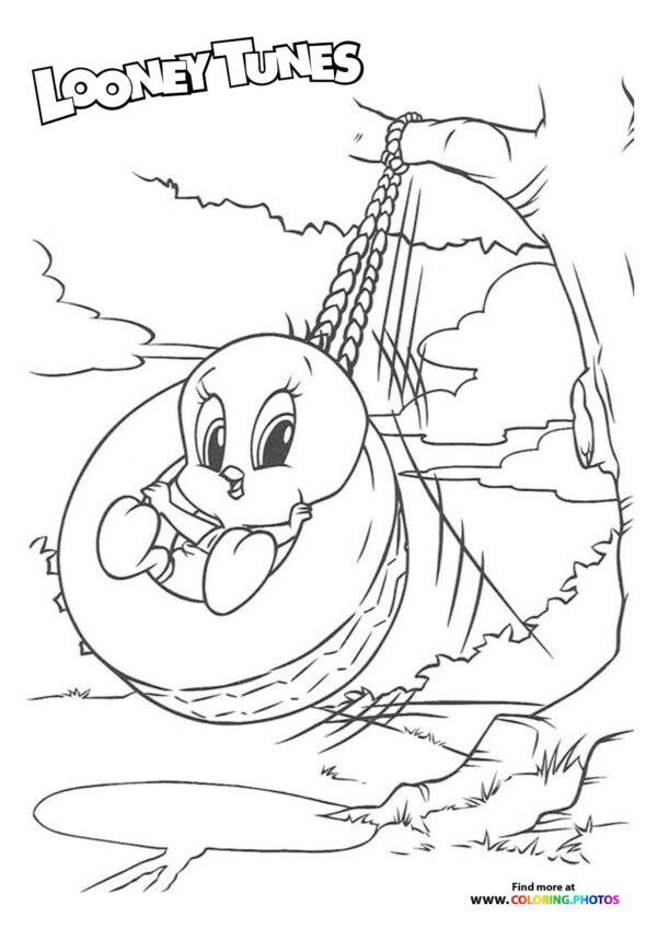 Tweety swinging in a tire coloring page