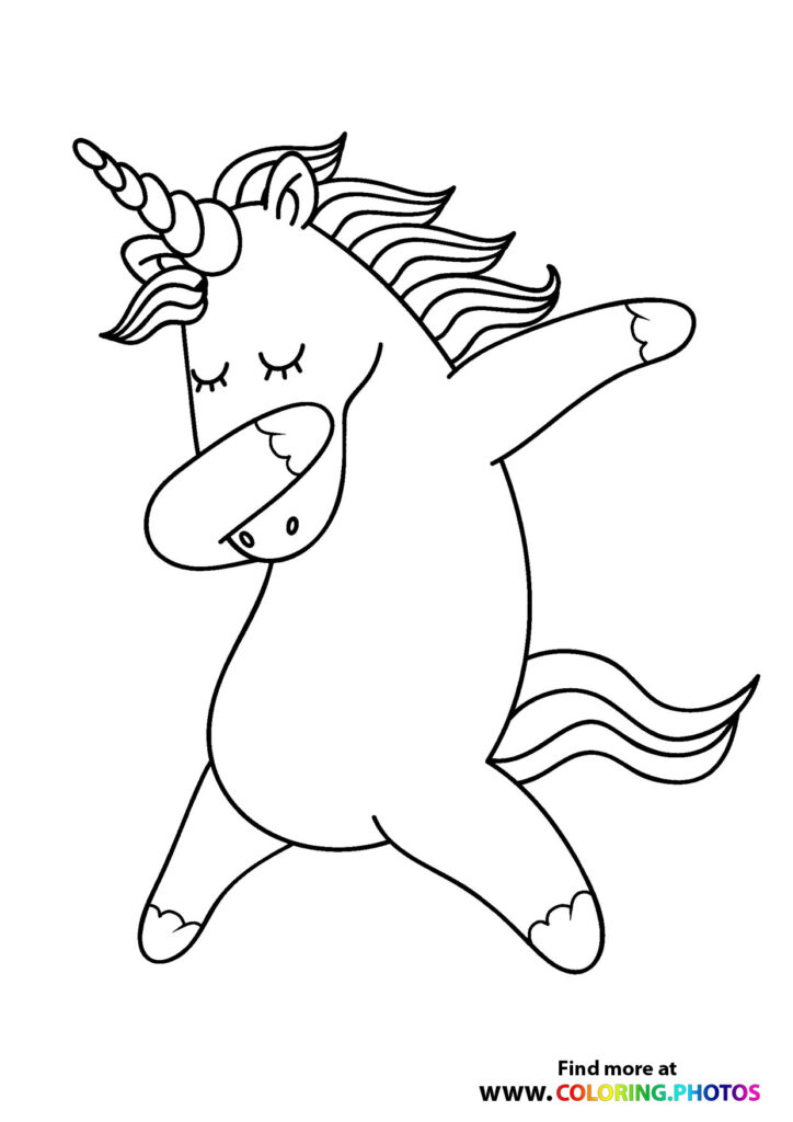 A dancing unicorn with a spiral horn, flowing mane and tail, and heart-shaped hooves coloring page
