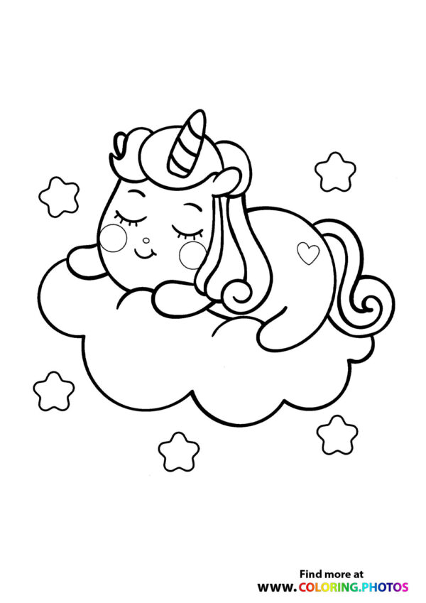 Unicorn sleeping on a cloud - Coloring Pages for kids