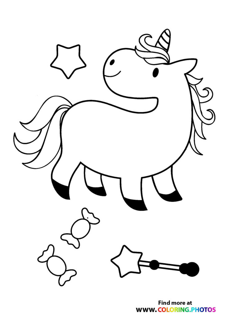 Cute unicorn with spiral horn and flowing mane holding magical wand and stars coloring page
