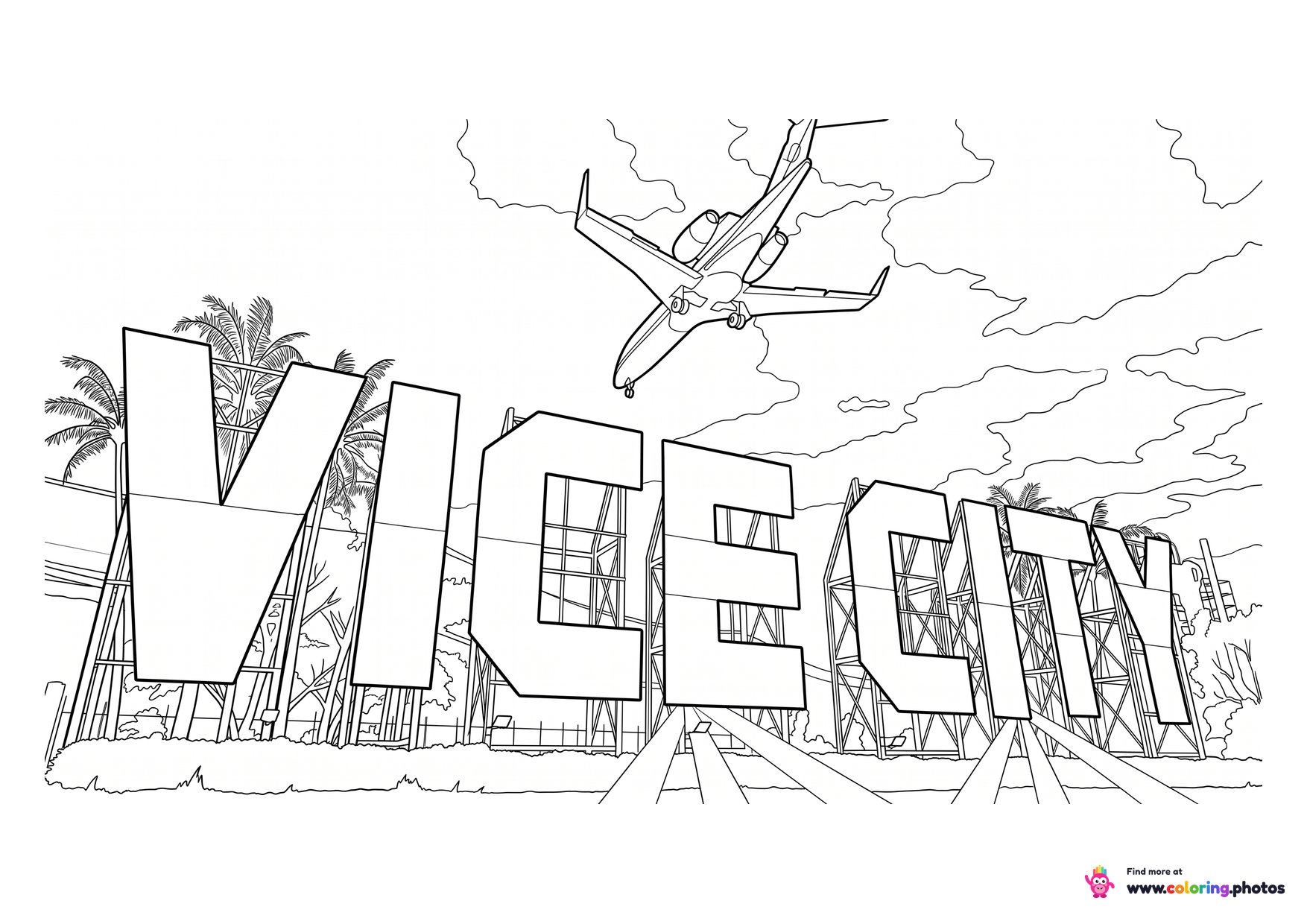 GTA 6 Vice City sign on the beach coloring page