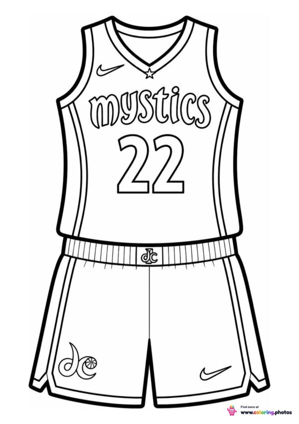Washington Mystics basketball jersey coloring page showing the top and shorts with number 22