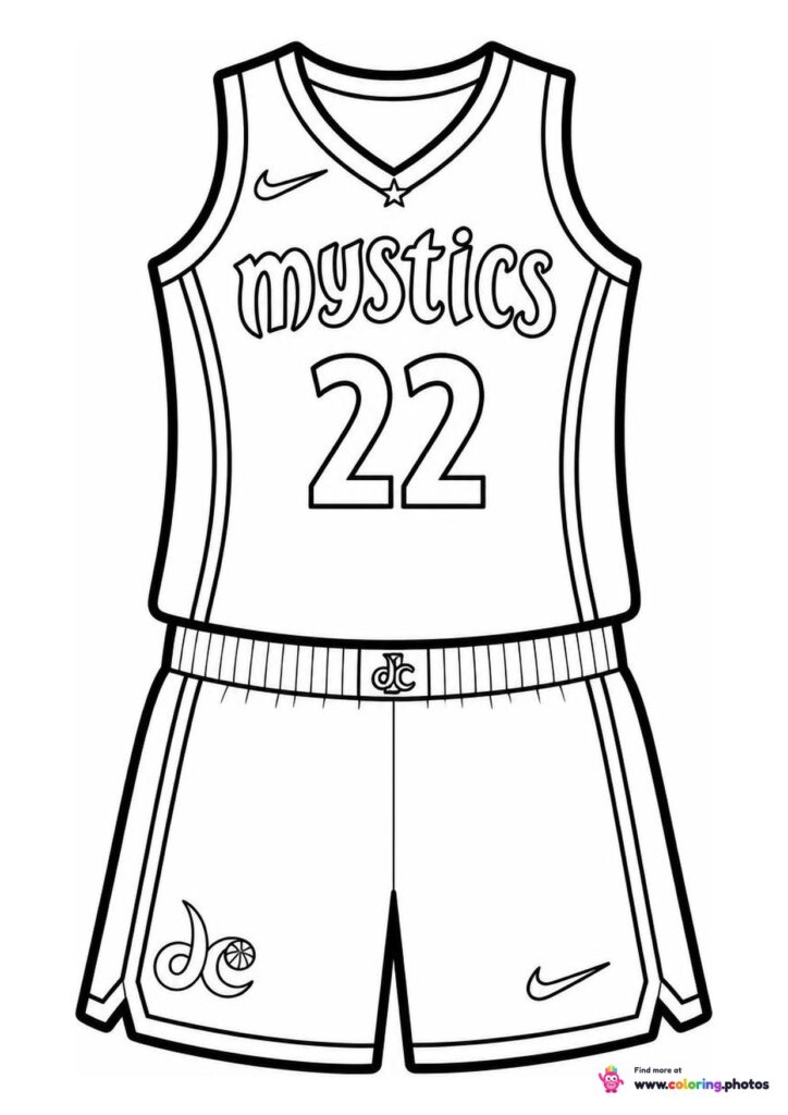 Washington Mystics basketball jersey coloring page showing the top and shorts with number 22