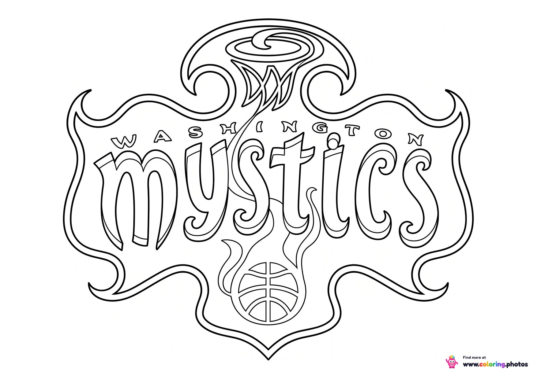 Washington Mystics logo coloring page with the team crest in black and white outline
