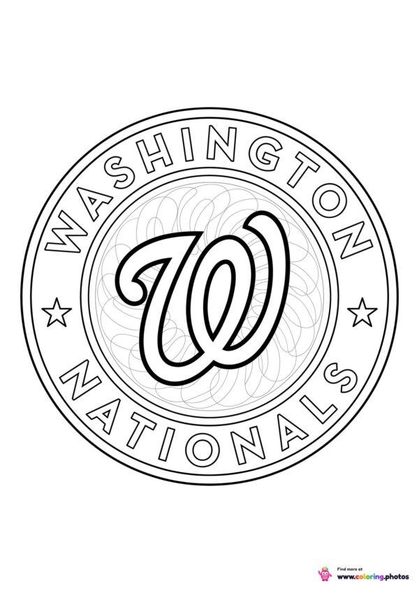 Washington Nationals logo coloring page with the team crest in black and white outline