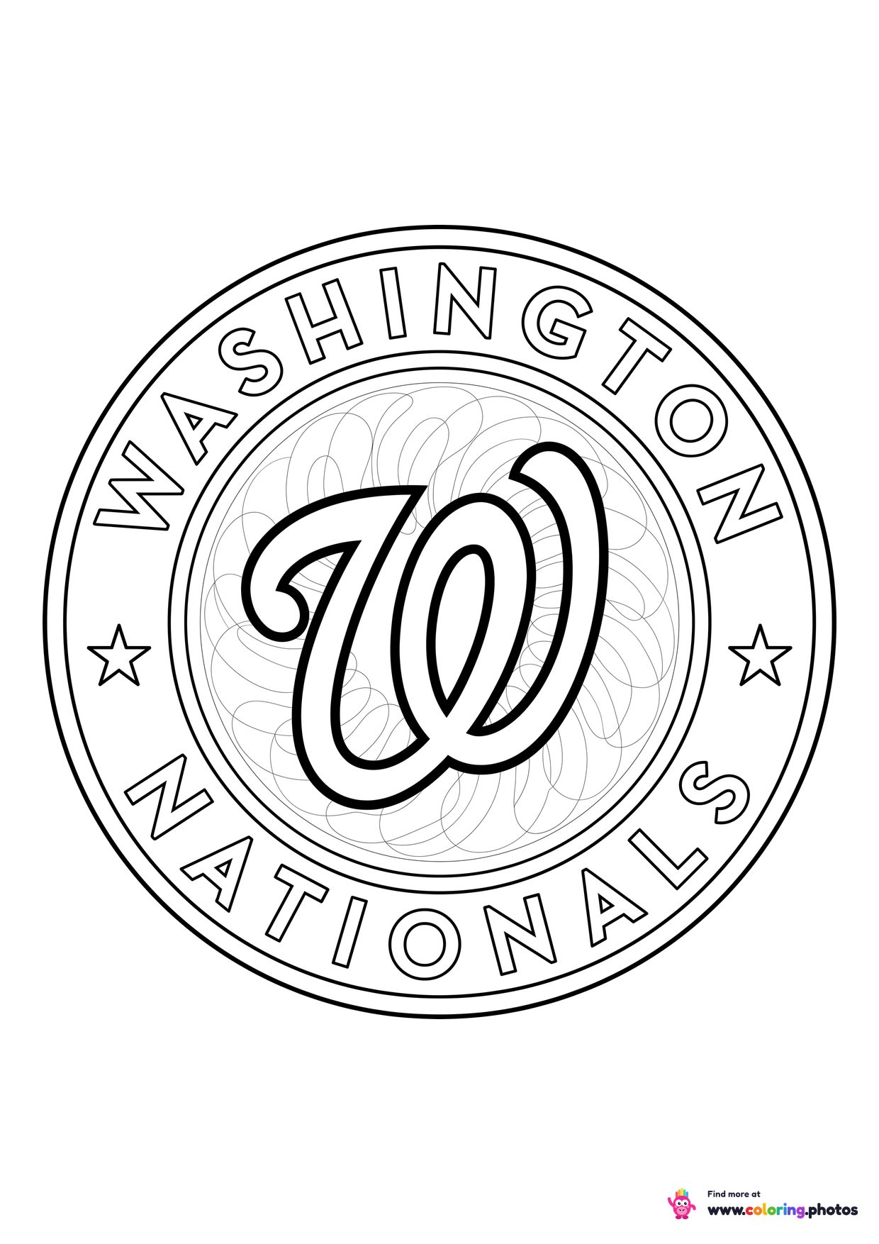 Washington Nationals logo coloring page with the team crest in black and white outline